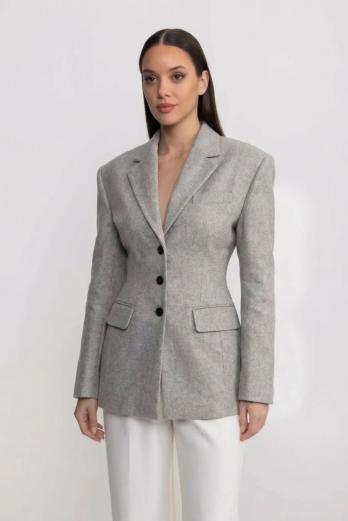 Yapılandırılmış Omuzlar Detaylı Terzi İşi Uzun Kesim Blazer Ceket - Açık Gri