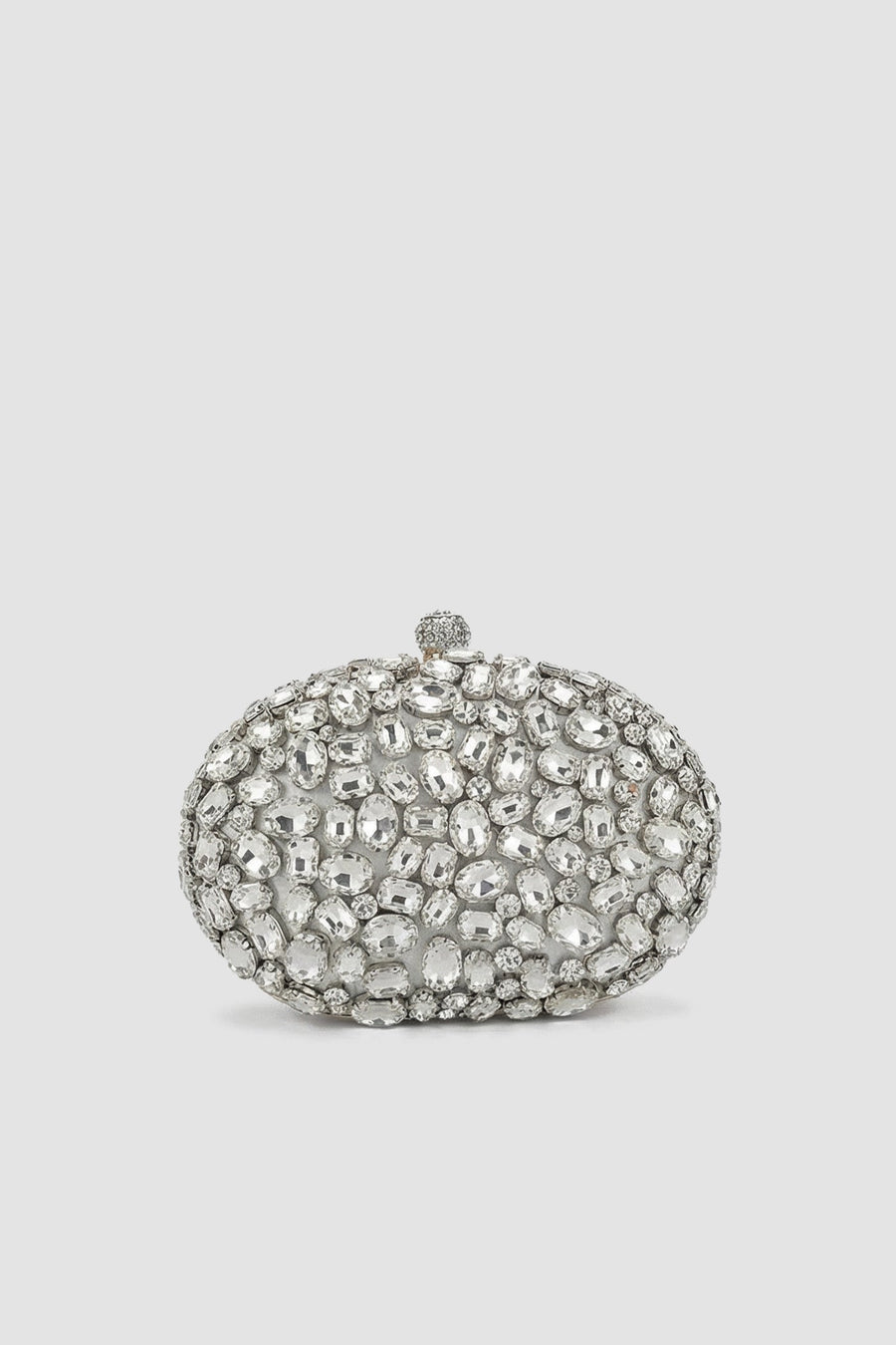 Tamamı Stone Yüzey Detaylı Kristal-Süslemeli Oval Clutch Çanta - Gümüş