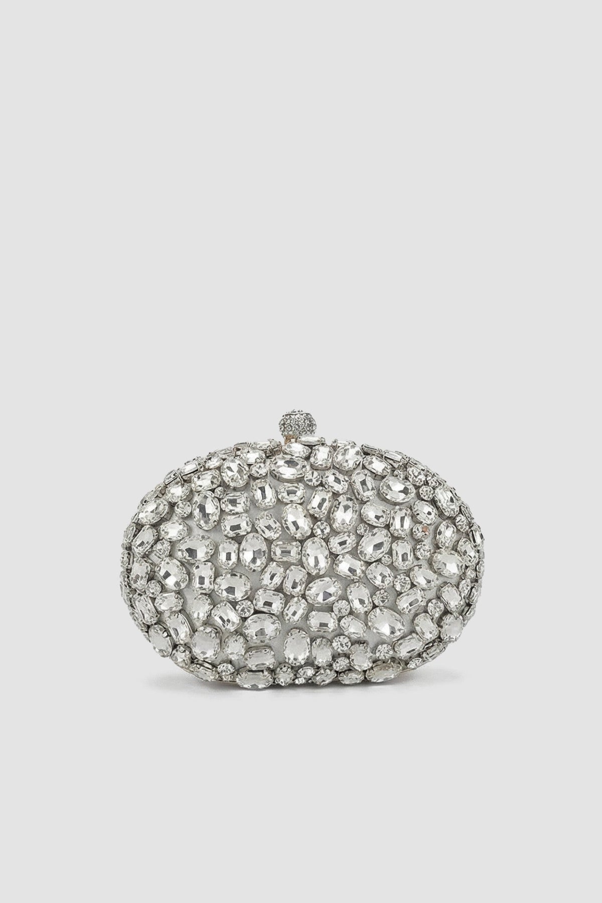 Tamamı Stone Yüzey Detaylı Kristal-Süslemeli Oval Clutch Çanta - Gümüş