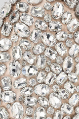 Tamamı Stone Yüzey Detaylı Kristal-Süslemeli Oval Clutch Çanta - Gümüş