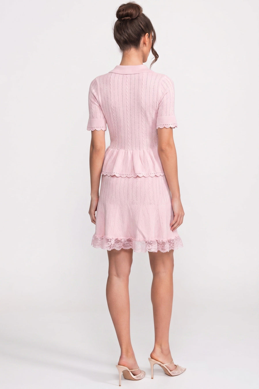 Düğmeli Üst, Peplum Bel ve Dantel Etek Ucu Detaylı Polo Yaka Mini Elbise - Pembe