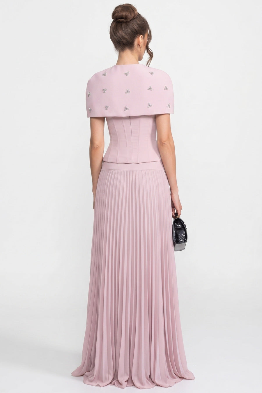 Büzgülü Üst, Çıkarılabilir Pelerin ve Maxi Etek Detaylı 3-Piece Takım - Pembe