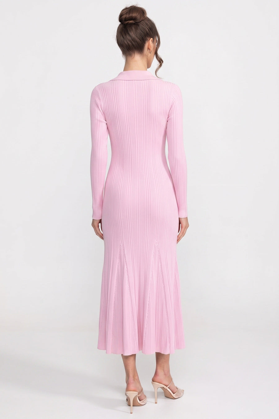 Yama Cepler Detaylı Uzun-kol Önden Düğmeli Triko Maxi Elbise - Pembe