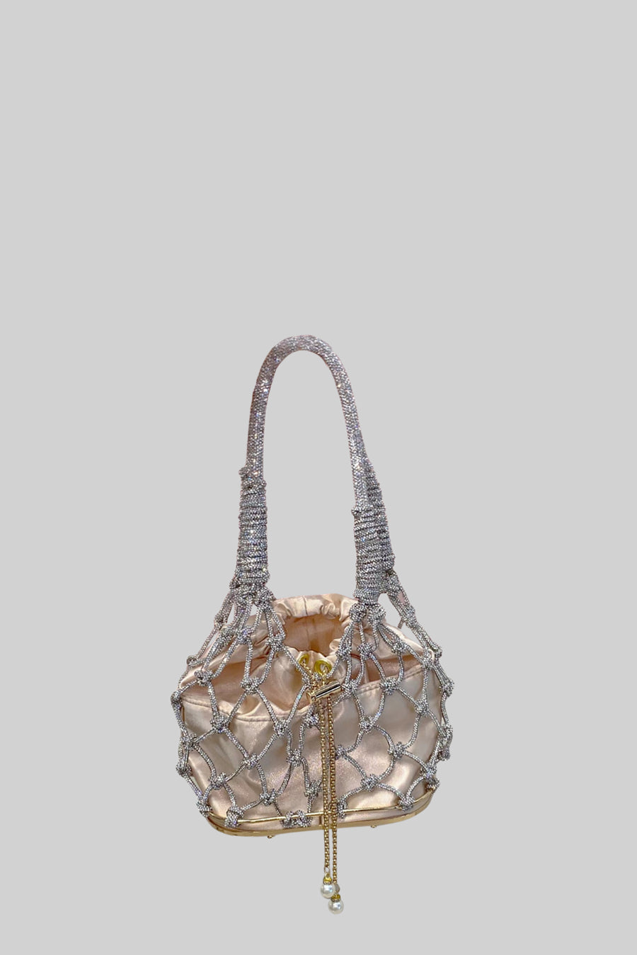 Bej Saten Büzgü İpi Pouch Detaylı Oval Netted El Çantası - Gümüş