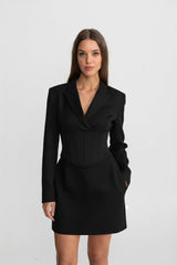 Korse Bel Detaylı Yapılandırılmış Mini Blazer Elbise - Siyah