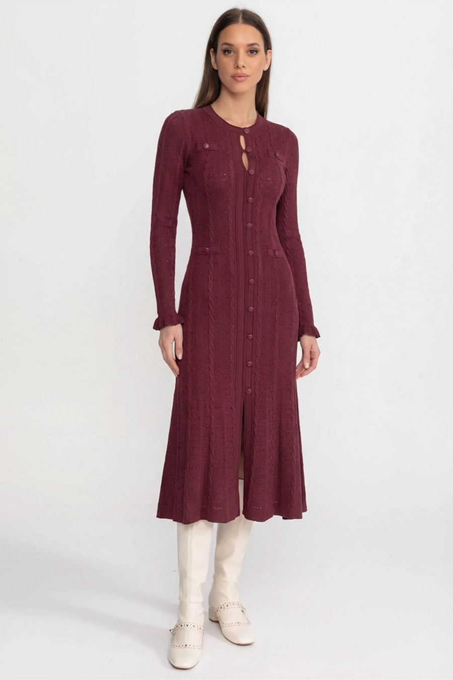 Ajur Detaylı Triko Önden Düğmeli Midi Elbise - Bordo