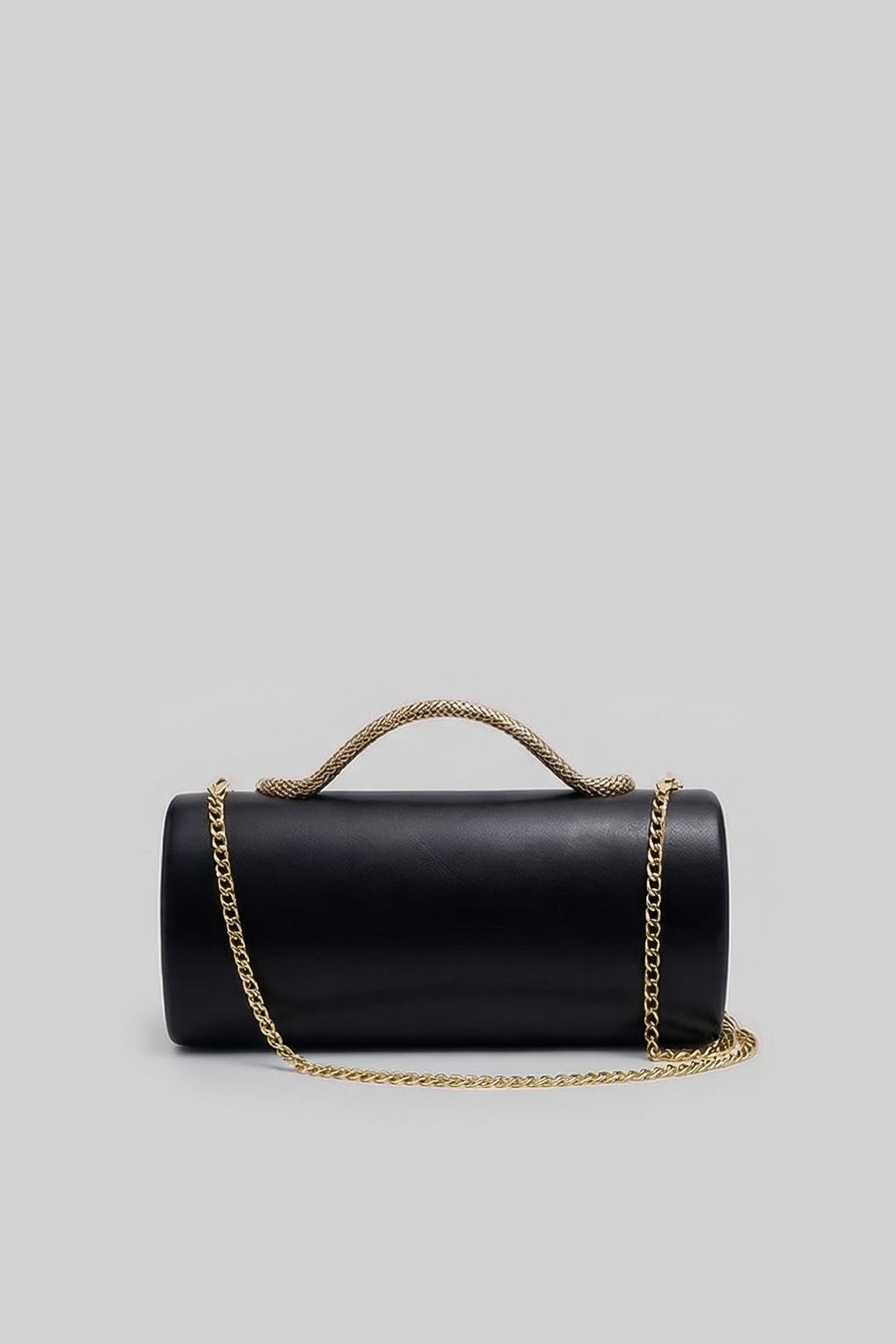 Yılan Sap ve Altın Zincir Detaylı Yapılandırılmış Clutch Çanta - Siyah