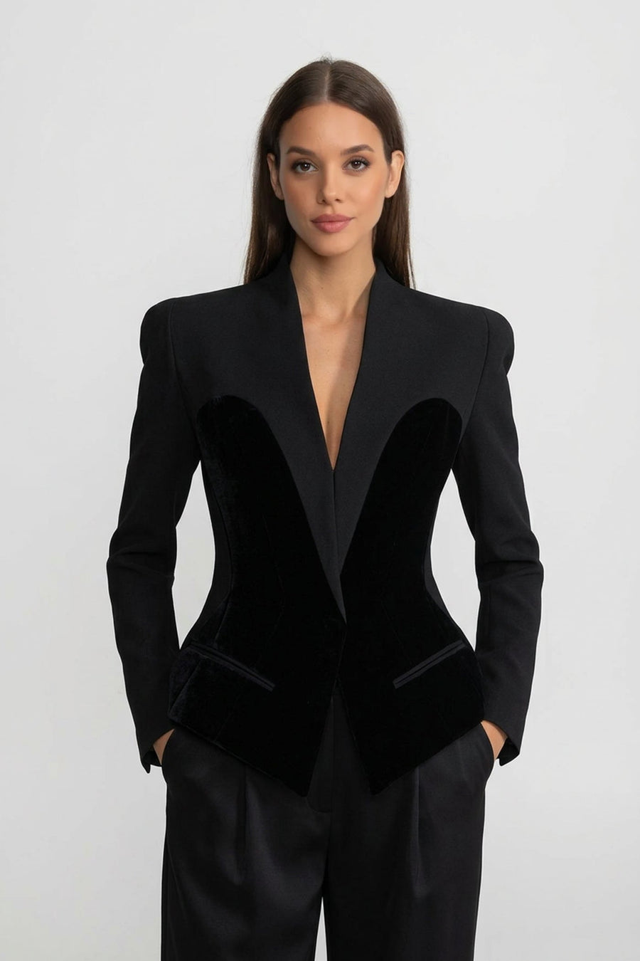 Kadife Korse-stil Paneller Detaylı Terzi İşi Uzun Kollu Blazer Ceket - Siyah