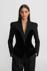 Kadife Korse-stil Paneller Detaylı Terzi İşi Uzun Kollu Blazer Ceket - Siyah