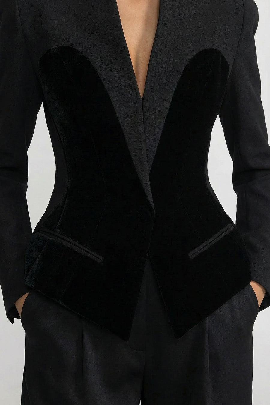 Kadife Korse-stil Paneller Detaylı Terzi İşi Uzun Kollu Blazer Ceket - Siyah