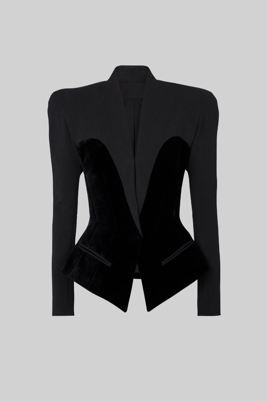 Kadife Korse-stil Paneller Detaylı Terzi İşi Uzun Kollu Blazer Ceket - Siyah