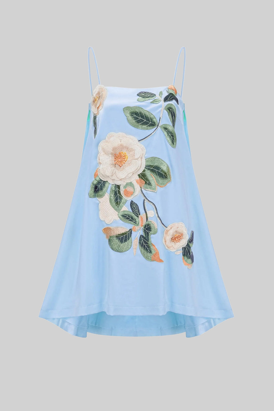3D Çiçek Aplike ve A Kesim Etek Detaylı İnce Askılı Mini Elbise - Mavi