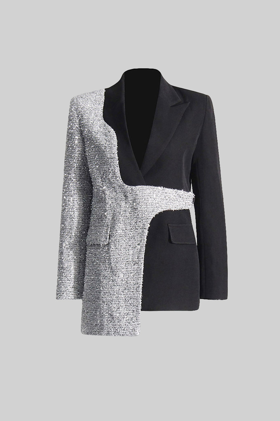 Asimetrik Etek Ucu Detaylı Modern Çift Renkli Blazer Ceket - Siyah ve Gümüş