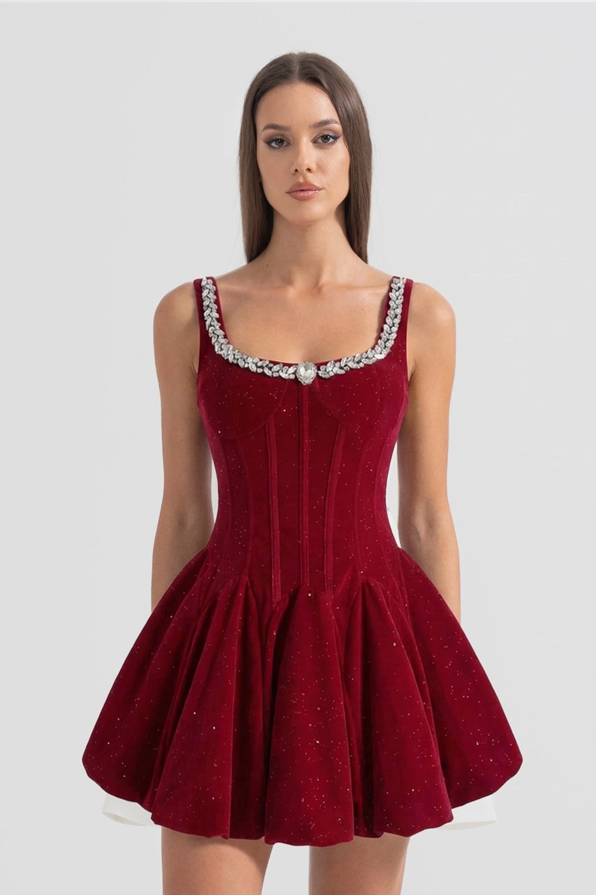 Kristal-Süslemeli Yaka Detaylı Kadife Korse Mini Elbise - Bordo