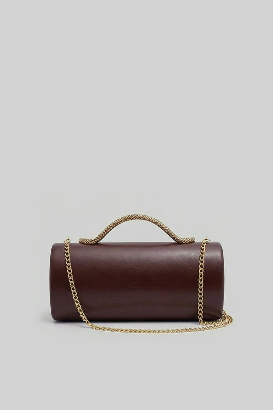 Yılan Sap ve Altın Zincir Detaylı Yapılandırılmış Clutch Çanta - Kahverengi