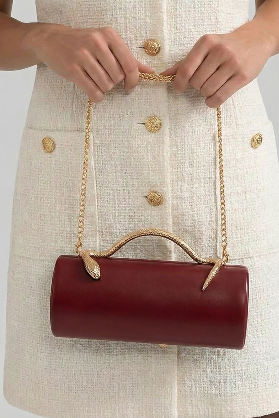Yılan Sap ve Altın Zincir Detaylı Yapılandırılmış Clutch Çanta - Bordo