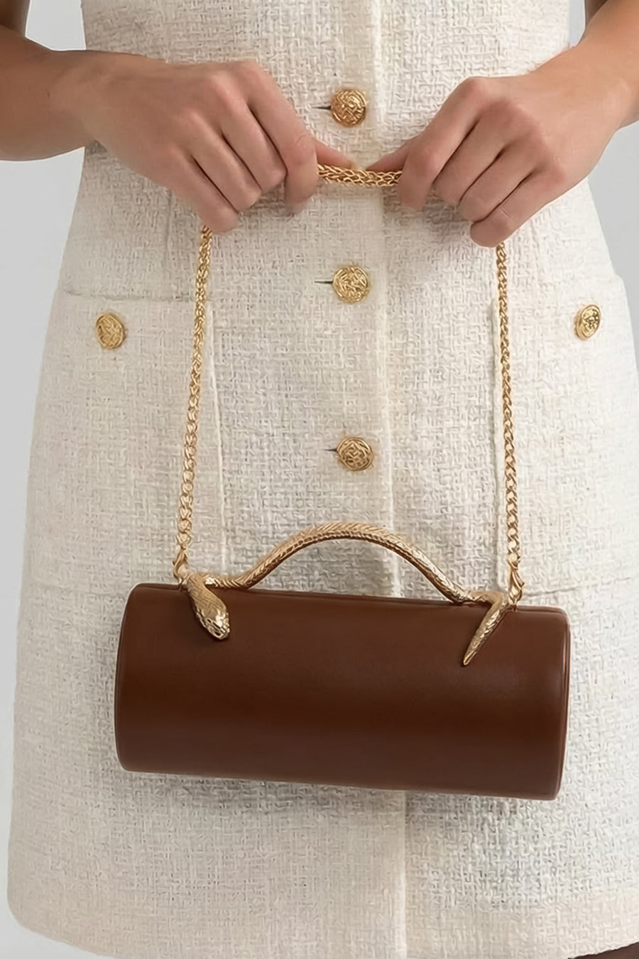 Yılan Sap ve Altın Zincir Detaylı Yapılandırılmış Clutch Çanta - Kahverengi