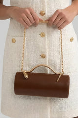 Yılan Sap ve Altın Zincir Detaylı Yapılandırılmış Clutch Çanta - Kahverengi