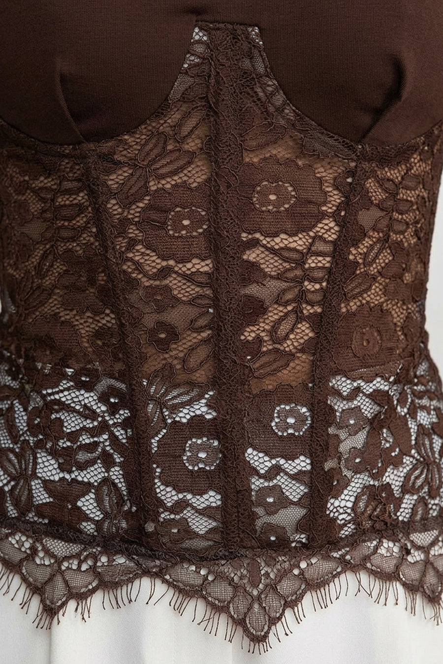 Dantel Korse Katman Detaylı Kısa Kollu Üst - Kahverengi