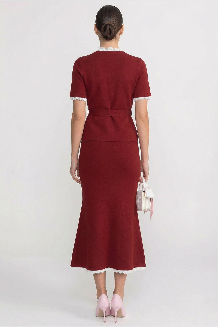Peplum Bel ve Kristal Düğme Kemer Detaylı Kısa Kollu Takım - Bordo