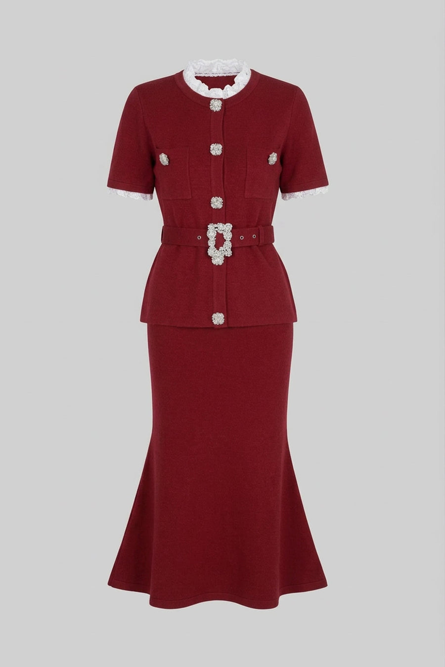 Peplum Bel ve Kristal Düğme Kemer Detaylı Kısa Kollu Takım - Bordo