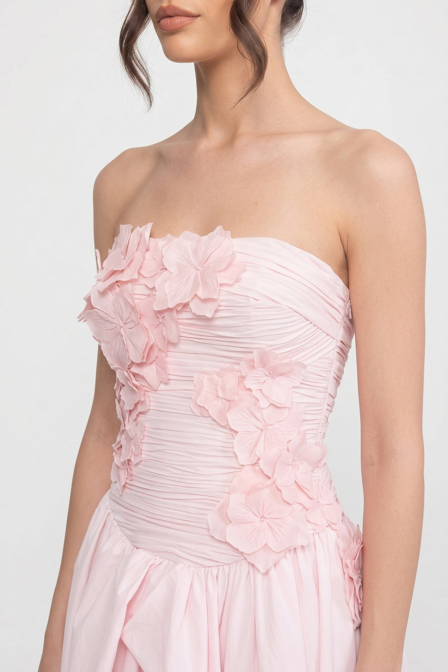 3D Çiçek Üst Beden ve Tam Etek Detaylı Askısız Ballgown - Pembe