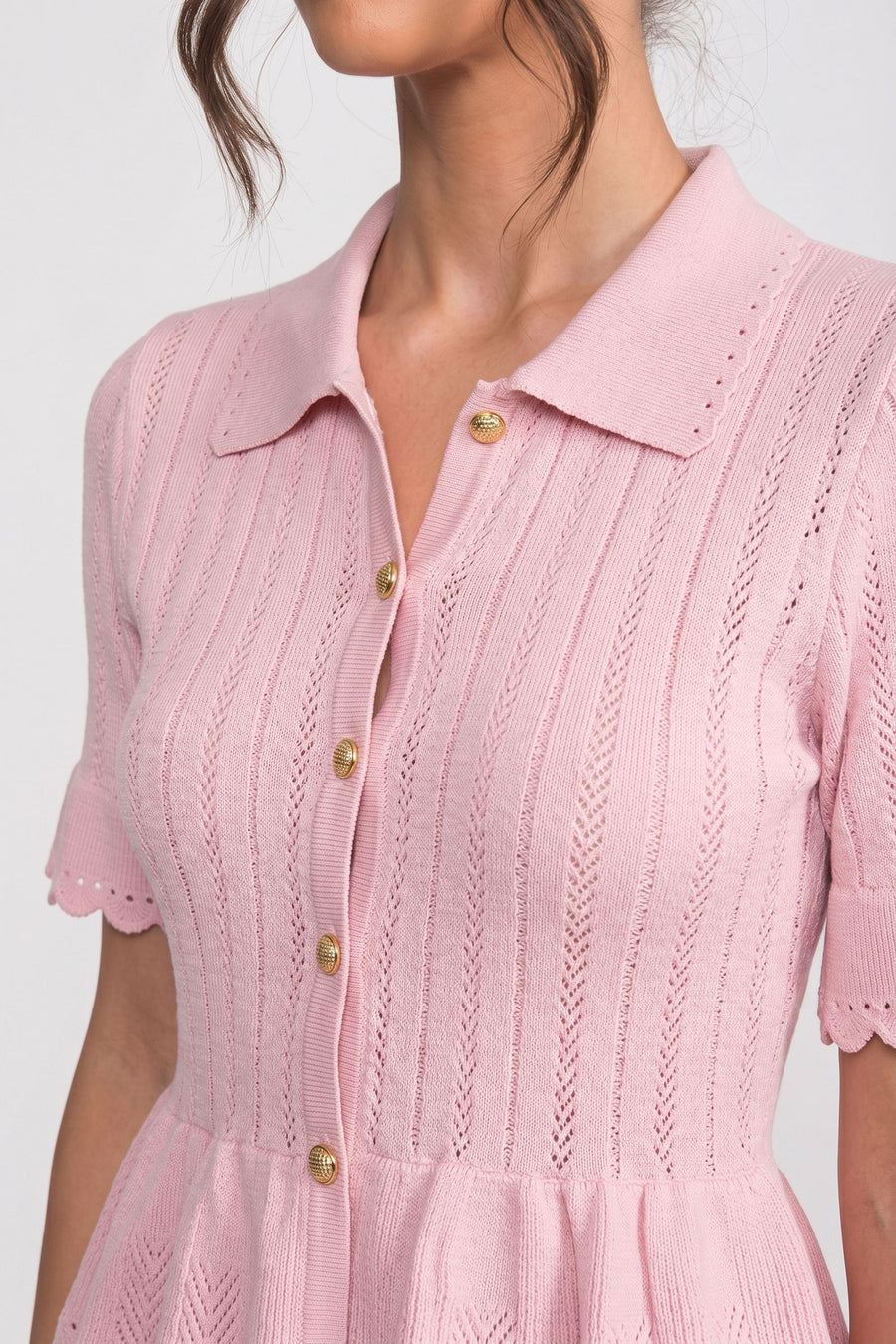 Düğmeli Üst, Peplum Bel ve Dantel Etek Ucu Detaylı Polo Yaka Mini Elbise - Pembe
