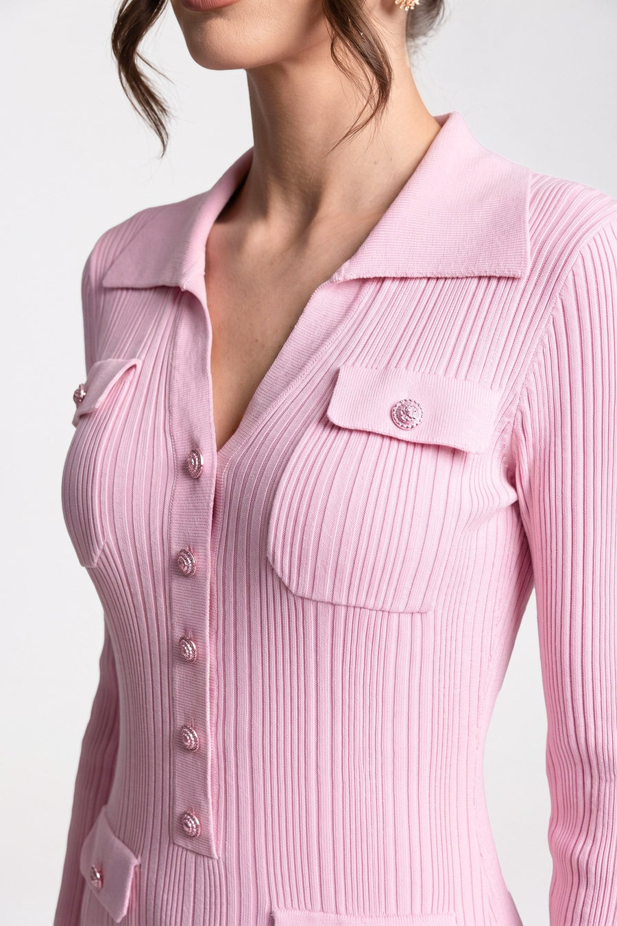 Yama Cepler Detaylı Uzun-kol Önden Düğmeli Triko Maxi Elbise - Pembe