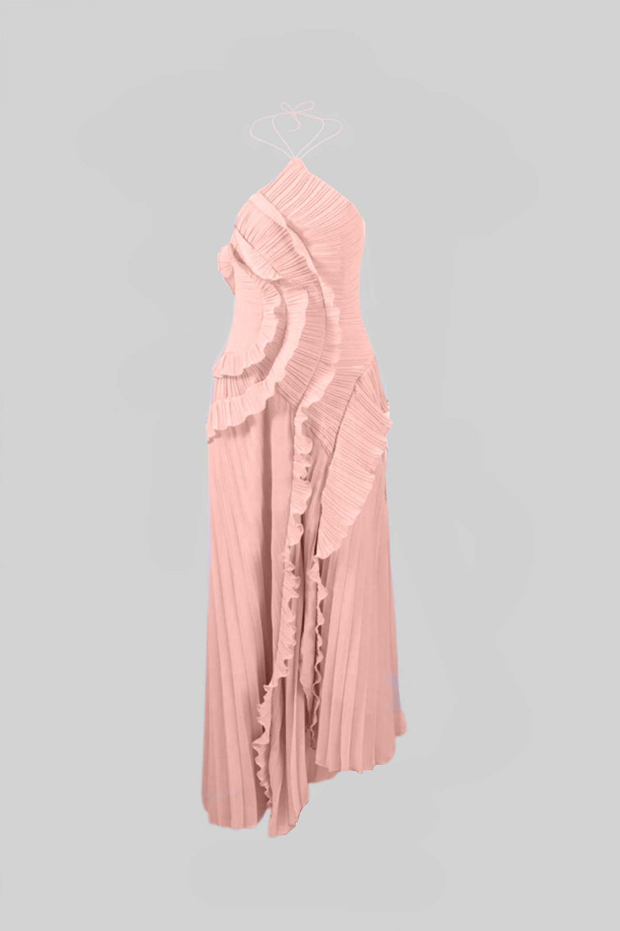 Katmanlı Fırfır Detaylı Pileli Boyundan Bağlamalı Midi Elbise - Pembe