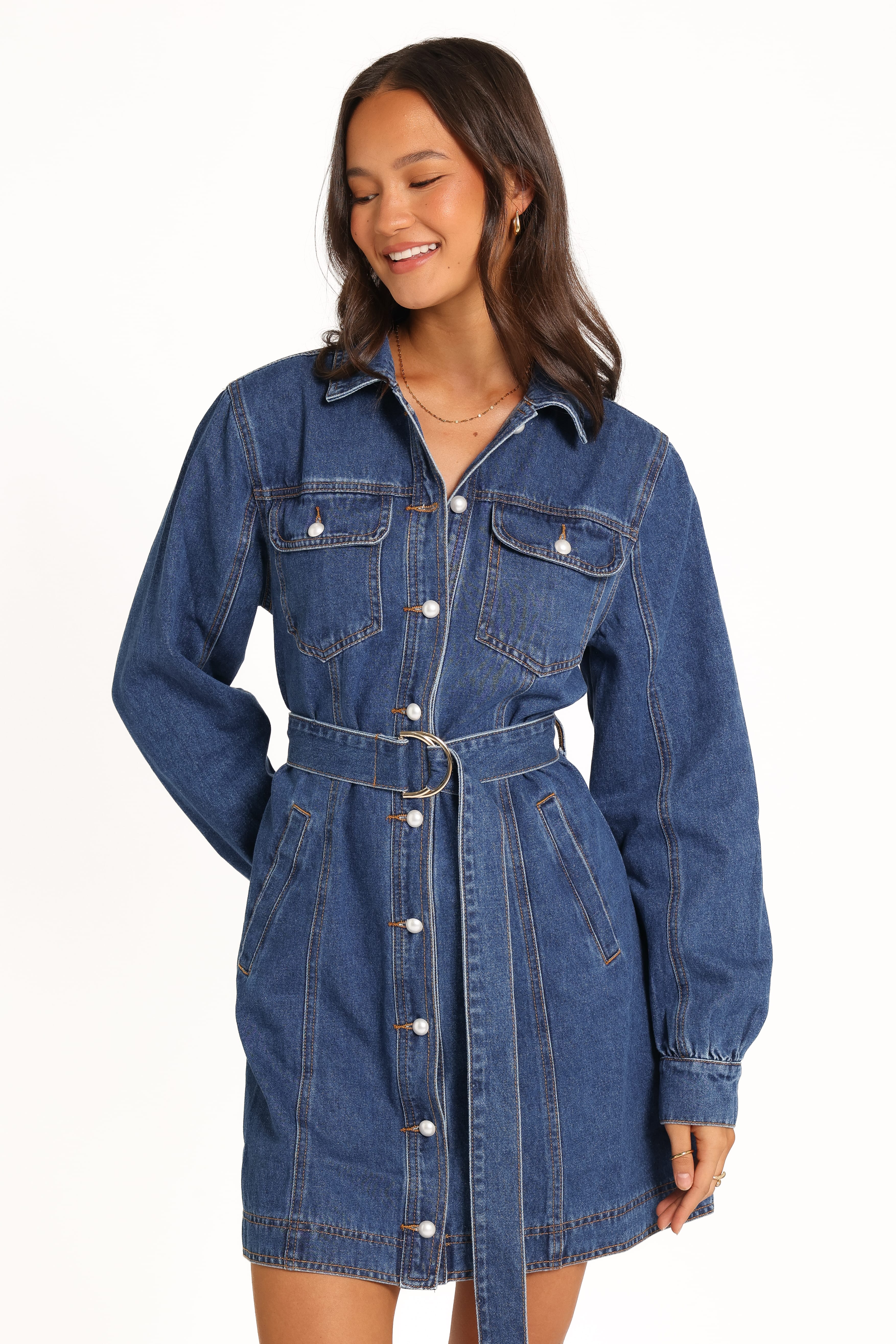 Robina İndigo Denim Uzun Kollu Mini Elbise