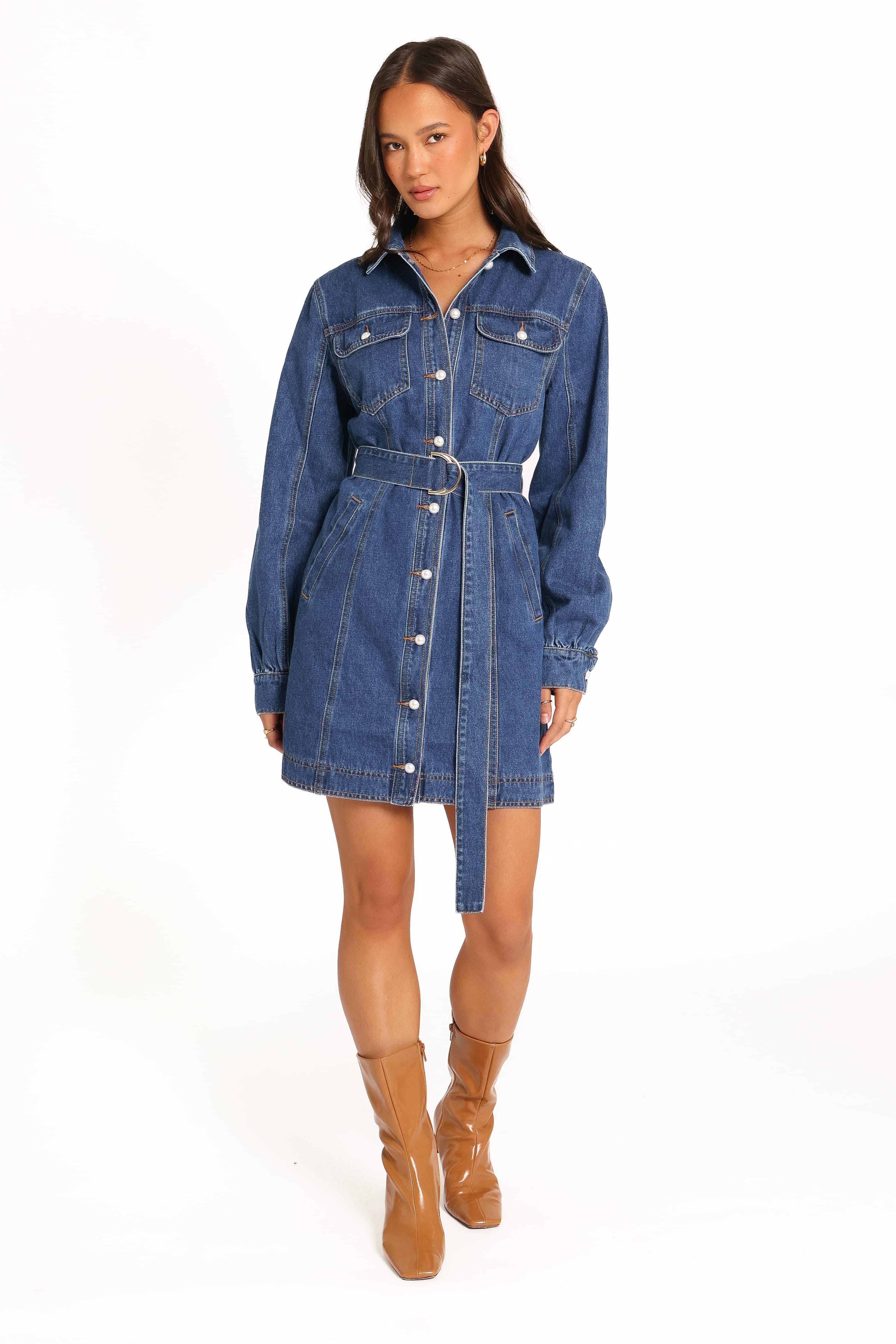 Robina İndigo Denim Uzun Kollu Mini Elbise