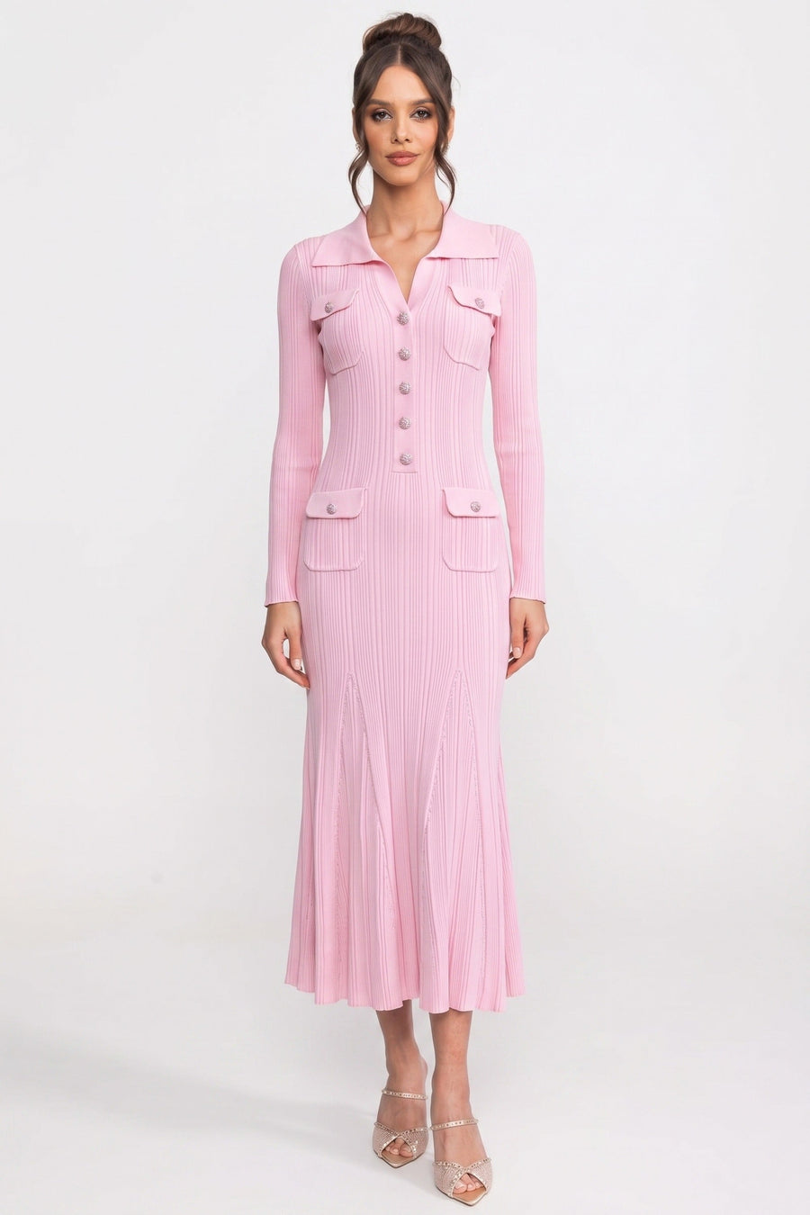 Yama Cepler Detaylı Uzun-kol Önden Düğmeli Triko Maxi Elbise - Pembe