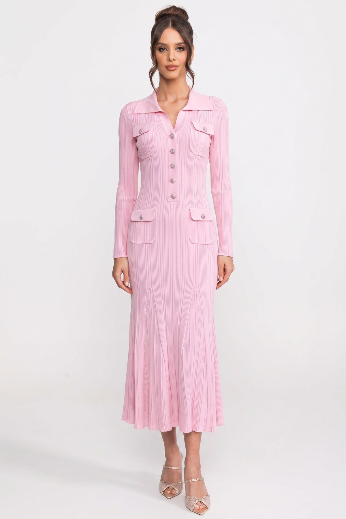 Yama Cepler Detaylı Uzun-kol Önden Düğmeli Triko Maxi Elbise - Pembe
