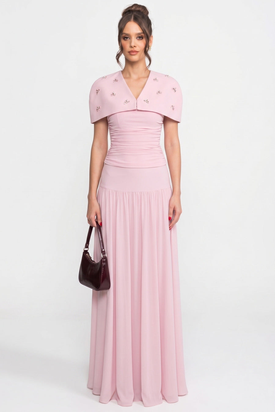 Büzgülü Üst, Çıkarılabilir Pelerin ve Maxi Etek Detaylı 3-Piece Takım - Pembe