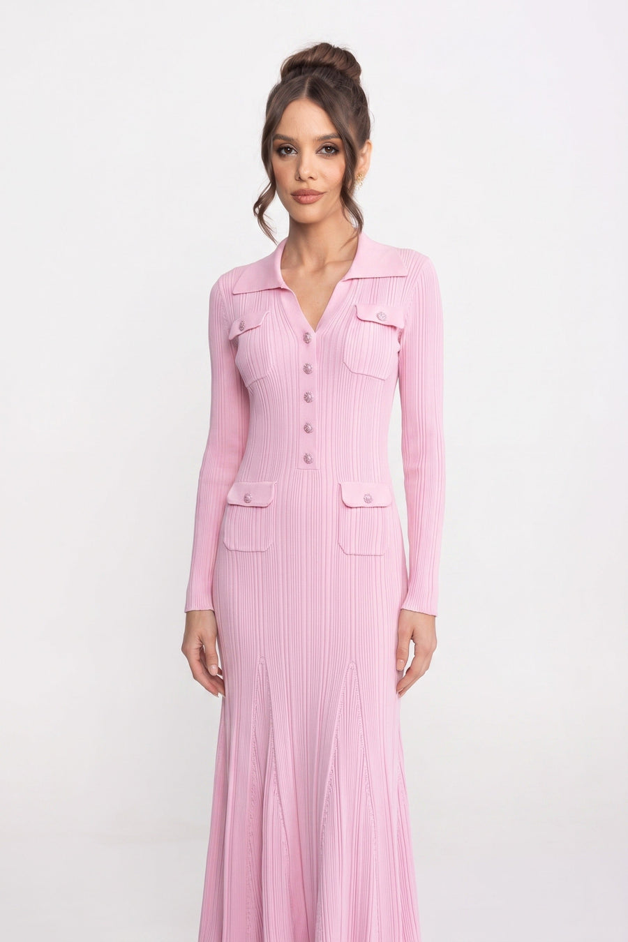 Yama Cepler Detaylı Uzun-kol Önden Düğmeli Triko Maxi Elbise - Pembe