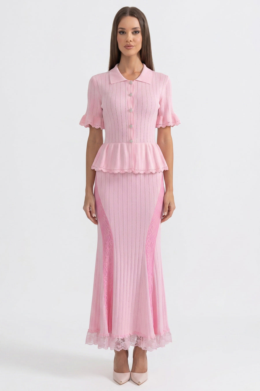 Dantel Etek Ucu Detaylı Bebe Yaka Triko Peplum Maxi Elbise - Pembe