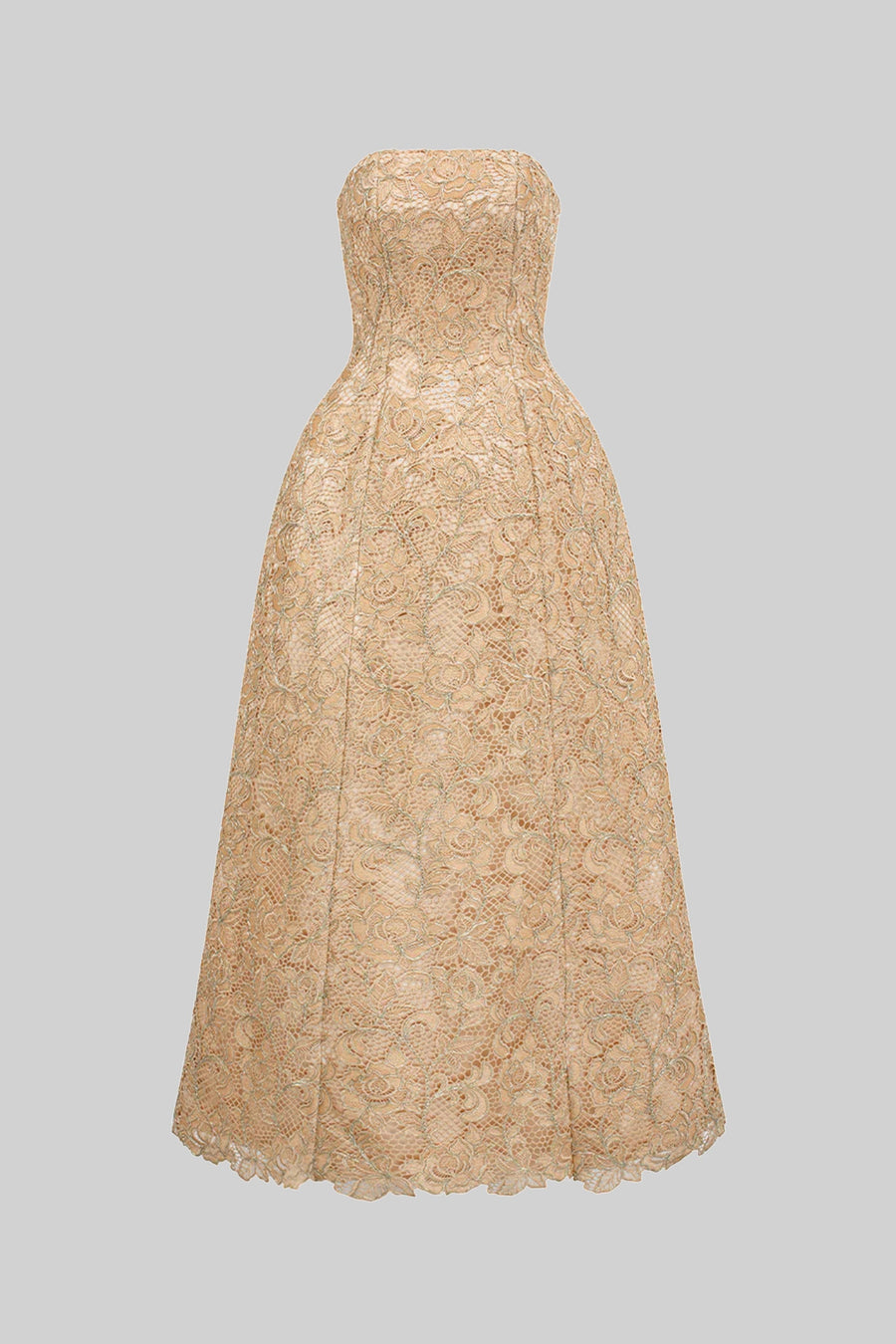 Tam A Kesim Etek Detaylı Askısız Çiçekli Dantel Ballgown - Altın
