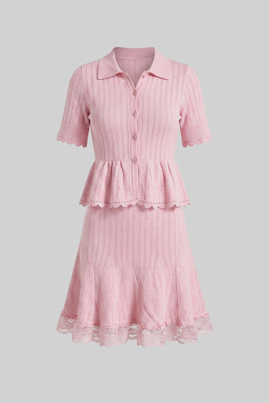 Düğmeli Üst, Peplum Bel ve Dantel Etek Ucu Detaylı Polo Yaka Mini Elbise - Pembe