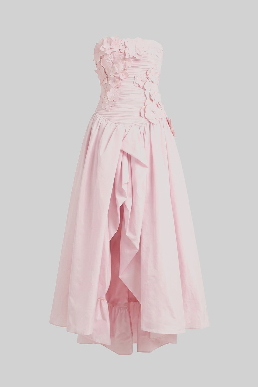 3D Çiçek Üst Beden ve Tam Etek Detaylı Askısız Ballgown - Pembe