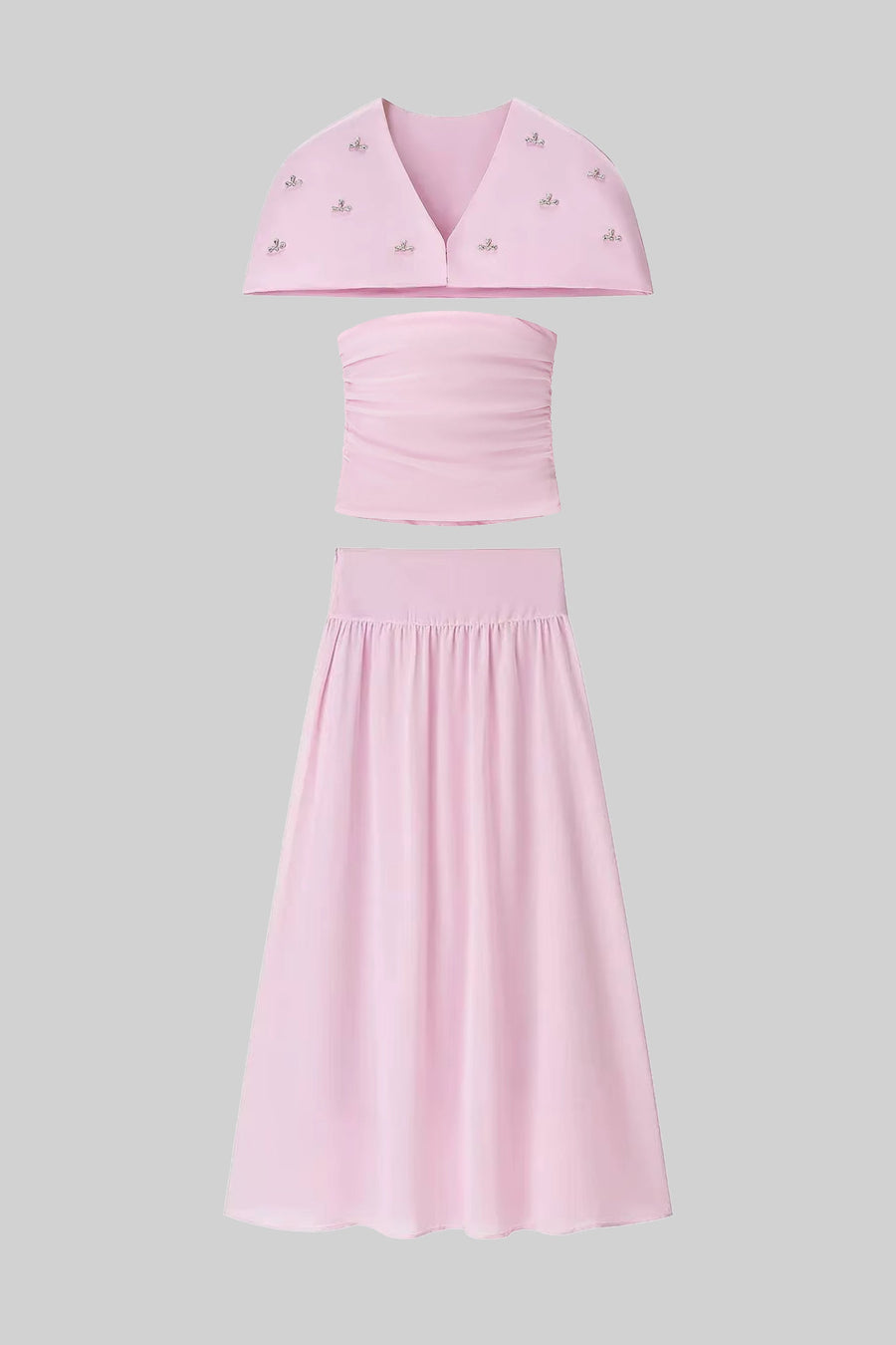 Büzgülü Üst, Çıkarılabilir Pelerin ve Maxi Etek Detaylı 3-Piece Takım - Pembe