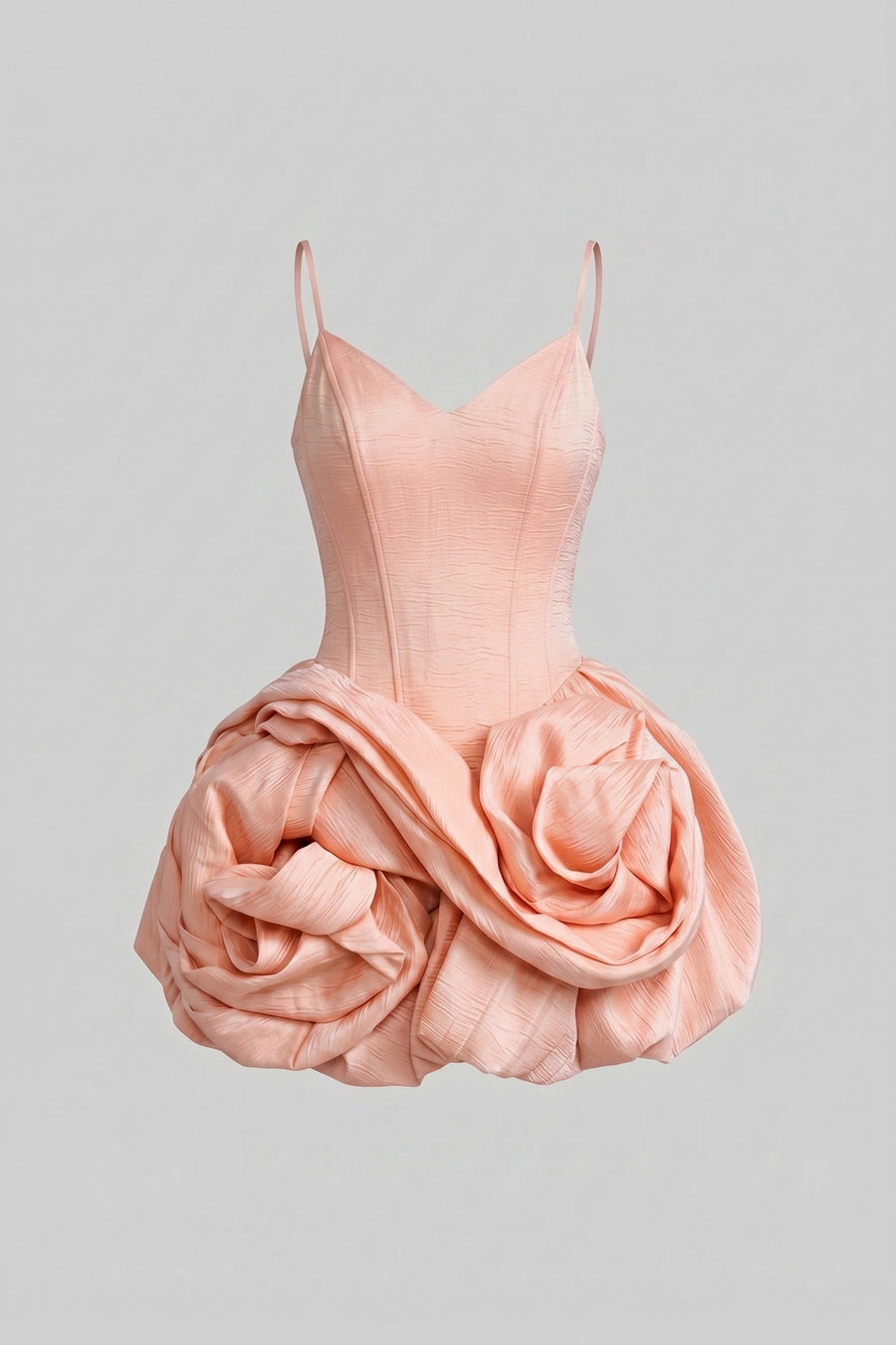 3D Gül Kurusu Etek Detaylı İnce Askılı Kadife Mini Elbise - Pembe