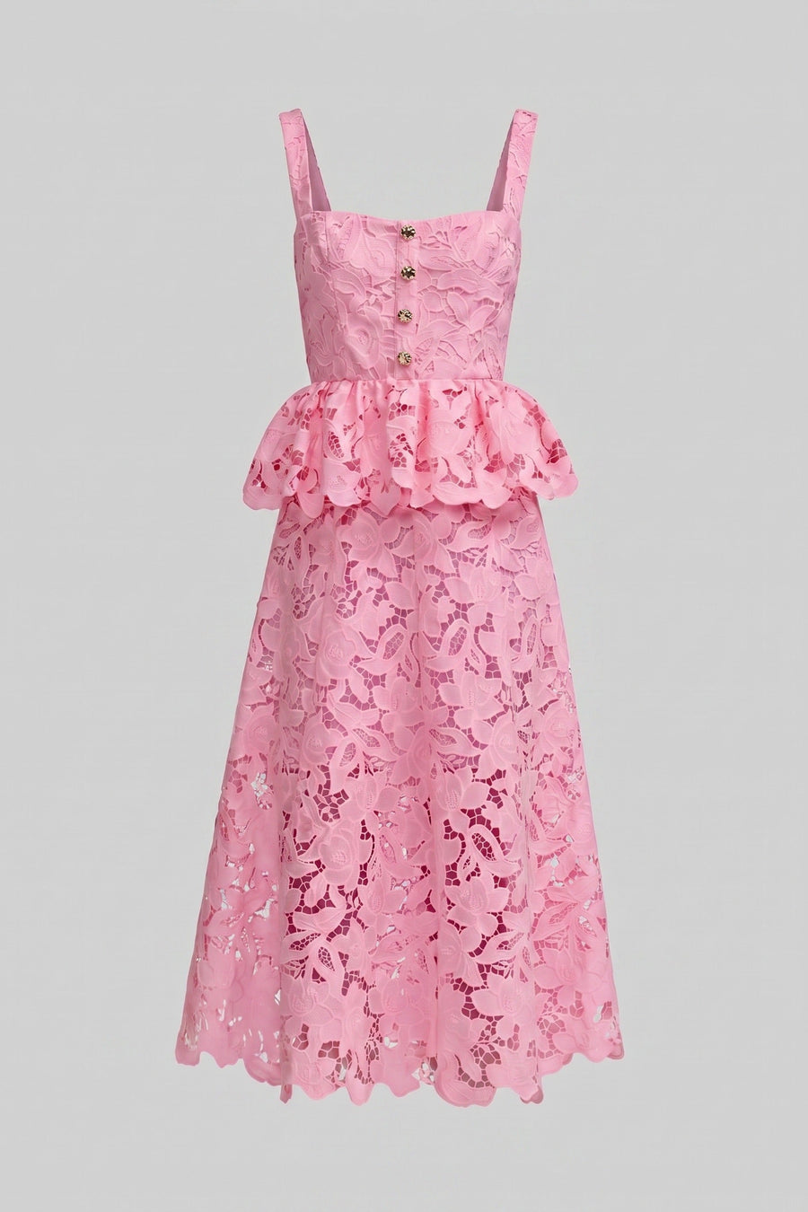 Midi Etek ve Altın Düğmeler Detaylı Kolsuz Dantel Peplum Elbise - Pembe