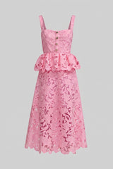 Midi Etek ve Altın Düğmeler Detaylı Kolsuz Dantel Peplum Elbise - Pembe