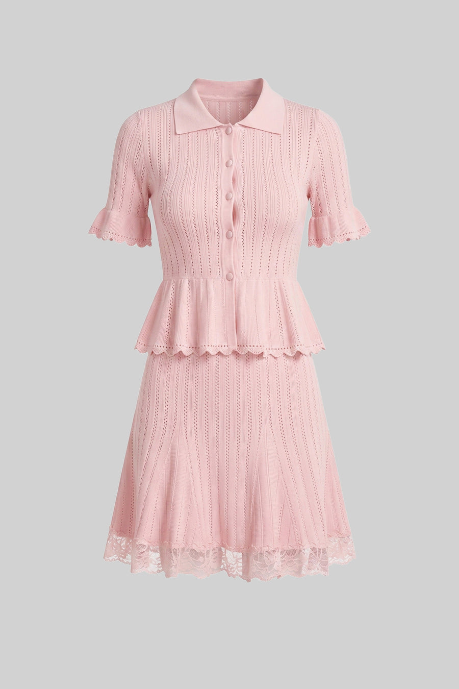 Dantel Etek Ucu Detaylı Bebe Yaka Triko Peplum Takım - Pembe