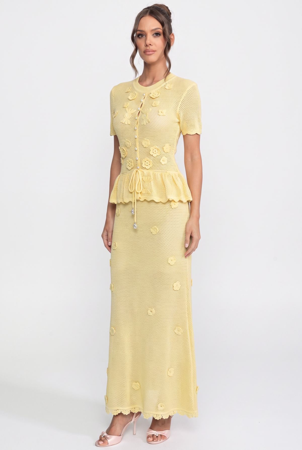 Bağcıklı Bel Detaylı Çiçekli Tığ İşi Peplum Maxi Elbise - Sarı