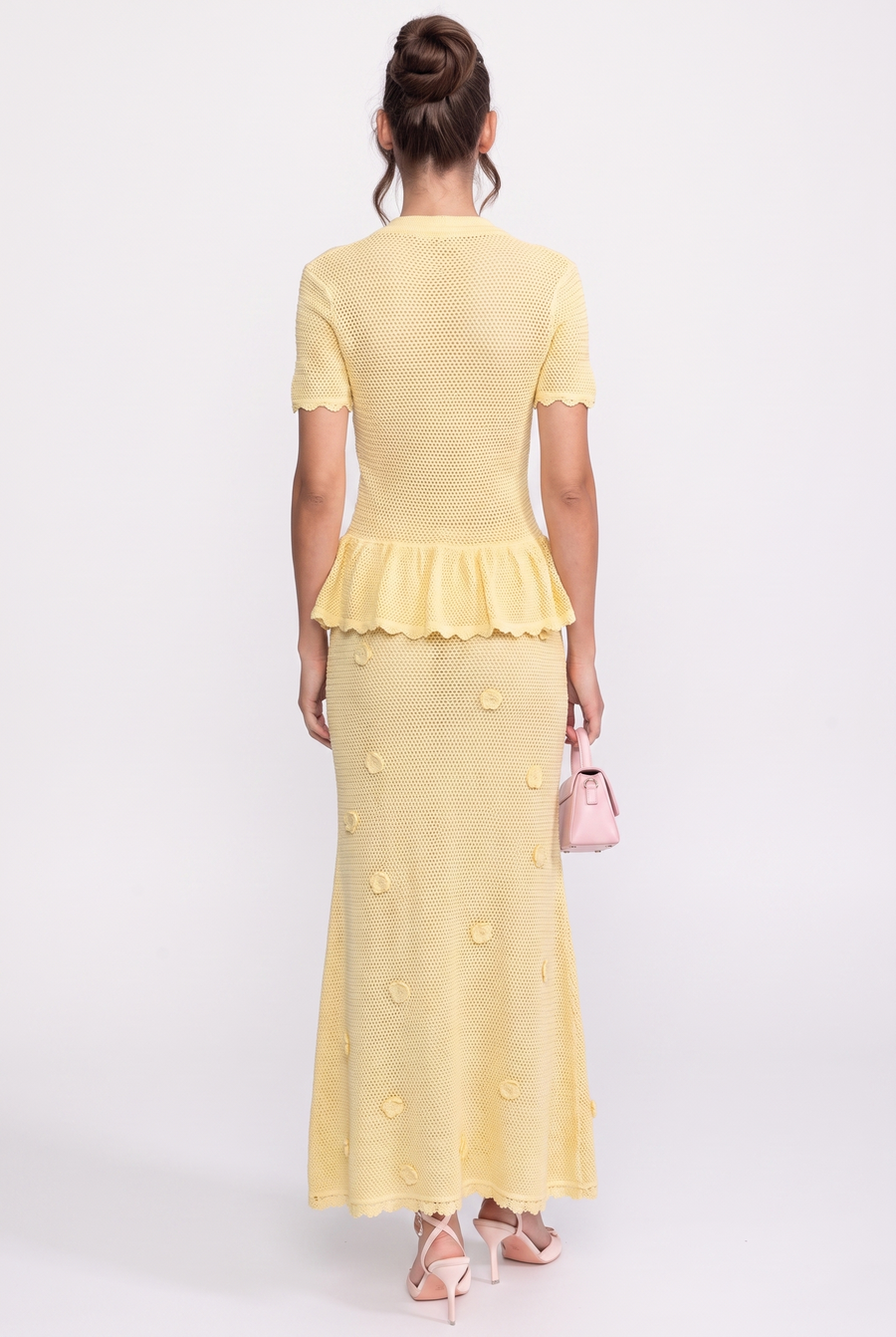 Bağcıklı Bel Detaylı Çiçekli Tığ İşi Peplum Maxi Elbise - Sarı
