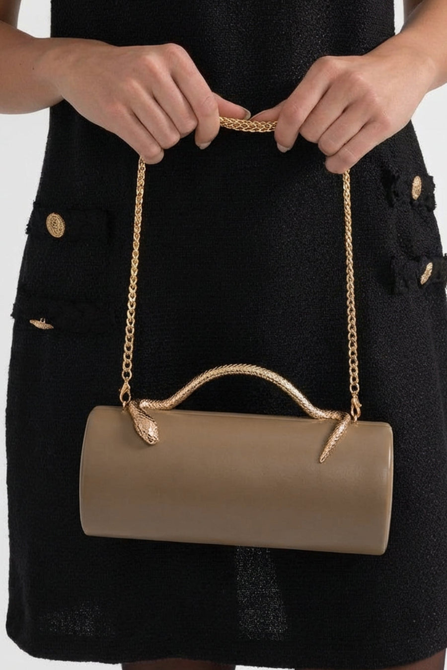 Yılan Sap ve Altın Zincir Detaylı Yapılandırılmış Clutch Çanta - Haki