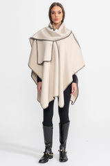 Kontrast Whipstitch Kenar Şeridi Detaylı Yün Karışımlı Poncho - Fildişi