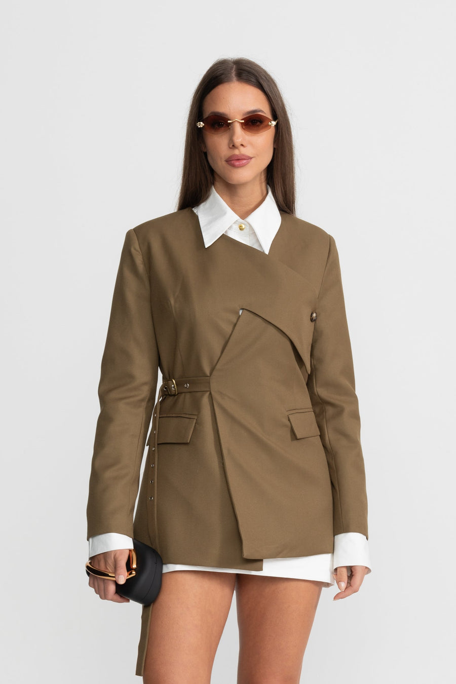 Yan Toka Detay Asimetrik Yapılandırılmış Blazer Ceket - Olive
