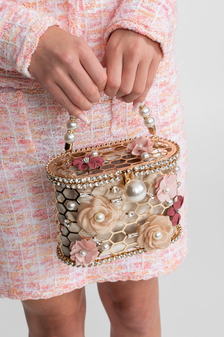İnci Sap Detaylı Süslemeli Çiçekli Clutch Çanta - Altın